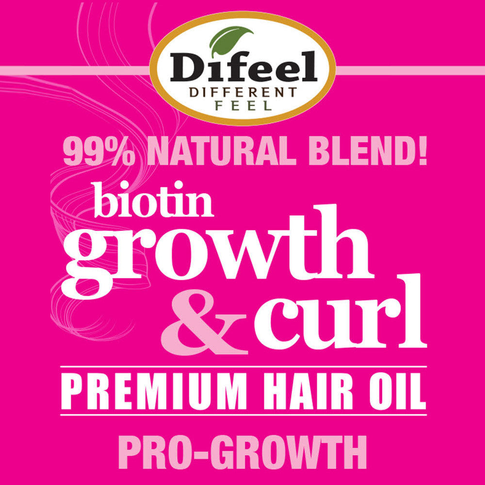 Difeel biotin growth & curl premium hair oil advertisement on a pink background