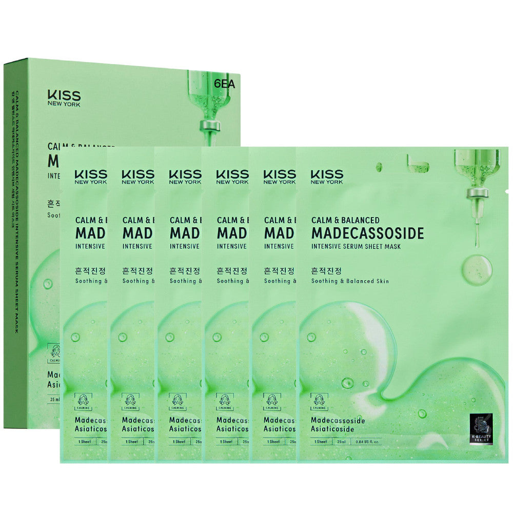 Kiss k-Beauty Series Calm Balanced Madecassoside Intensive Serum Sheet Mask(6 Sheets)- Soothing and Barrier Repair Cica Face Mask