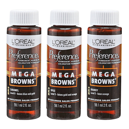 Loreal Professional Preference Mega Browns Hair ColorHair ColorLOREALShade: BR1 Cinnamon, BR2 Caramel, BR3 Spice, BR4 Brandy, BR5 Mocha, BR6 Truffle, BR7 Chocolate, BR8 Coffee