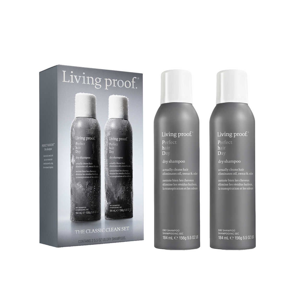 Living Proof The Classic Clean Set, featuring a gray packaging box and two gray aerosol cans with white caps, shown on a plain white background.