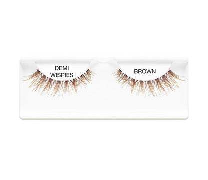 Pair of brown demi wispies false eyelashes in a white packaging box on a white background
