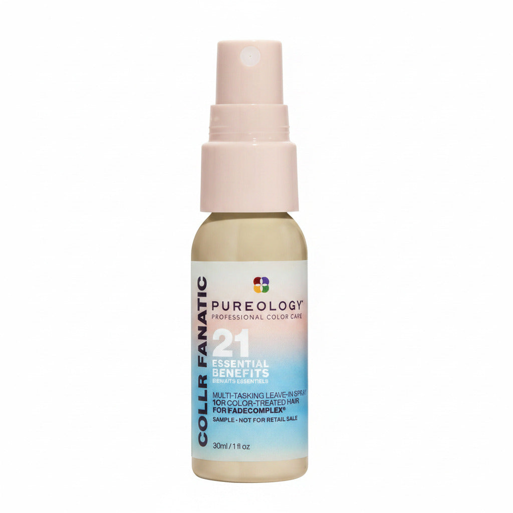 Pureology Color Fanatic 21 Essential Benefits Multi-tasking Leave-In Hair Moisture spray bottle with a beige cap and a white-to-blue gradient label.