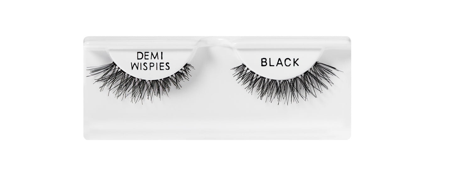 Black false eyelashes in a white box with 'Demi Wispies' and 'Black' text.