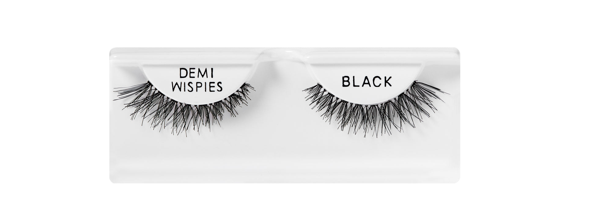 Black false eyelashes in a white box with 'Demi Wispies' and 'Black' text.