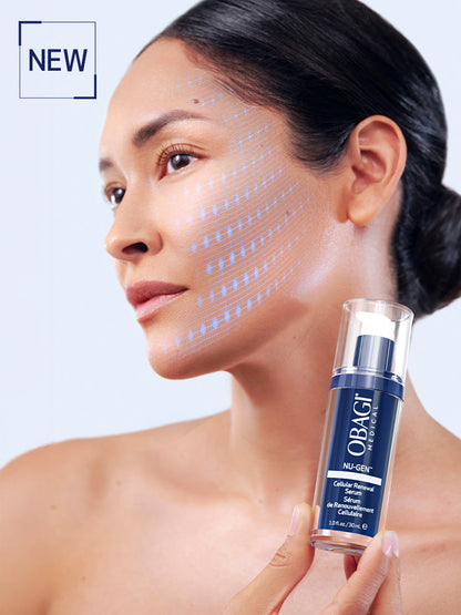 Woman holding an Obagi skincare product with a close-up of her face showing skin texture.