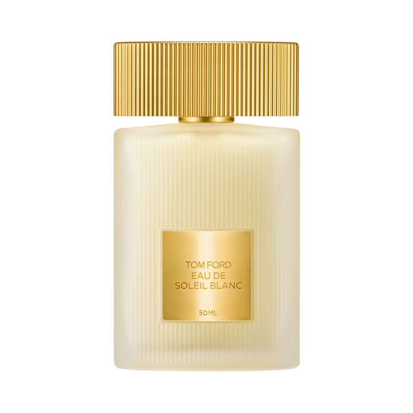 Tom Ford Eau de Soleil Blanc perfume bottle with gold cap and label on a white background