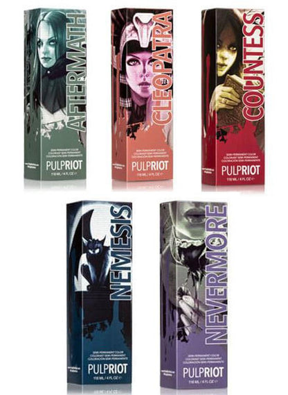 Pulp Riot Hair Color Raven Collection 4 ozHair ColorPULP RIOTColor: Aftermath, Cleopatra, Countess, Nemesis, Nevermore